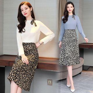 Set: Bow Blouse + Leopard Print A-line Midi Skirt