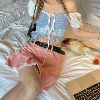 Puff-sleeve Off-shoulder Crop Top / Cropped Lace Camisole Top / Lace Trim Mini Pleated Skirt