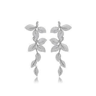 Elegant And Bright Leaf Long Earrings With Cubic Zirconia Silver - One Size