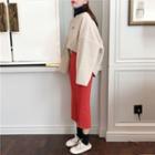 Plain Turtleneck Long-sleeve Top / Lettering Loose-fit Sweatshirt / Plain Knit Skirt