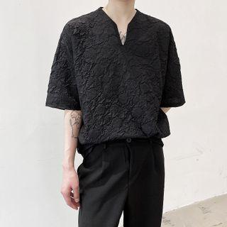 Split-neck Elbow-sleeve Linen Top