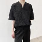 Split-neck Elbow-sleeve Linen Top