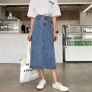 Front-slit Denim Midi Skirt