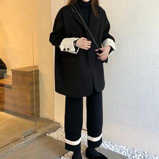 Color Block Button Coat / Turtleneck Long-sleeve Knit Top / Wide-leg Knit Pants