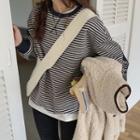 Long-sleeve Round-neck Color-block Striped Fleece-lined Sweatshirt