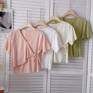 Short-sleeve V-neck Plain Asymmetrical Top