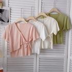 Short-sleeve V-neck Plain Asymmetrical Top