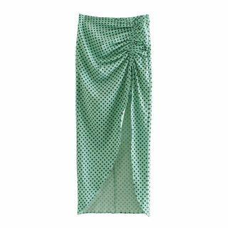 Dotted Shirred Slit Midi Pencil Skirt