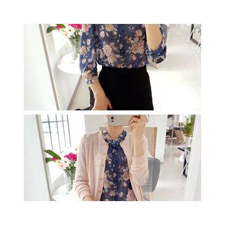 Mandarin-collar 3/4-sleeve Floral Chiffon Blouse
