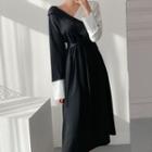 V-neck Two-tone Tie-waist Midi A-line Dress