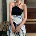 Halter-neck Top / Printed A-line Midi Skirt