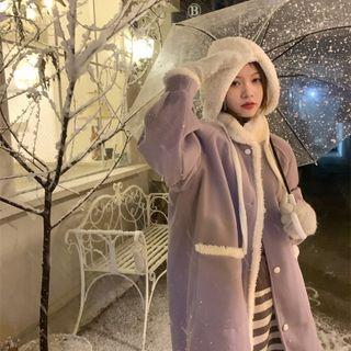 Fleece Button-up Long Coat Light Purple - One Size