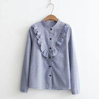 Stand Collar Ruffle Trim Striped Blouse