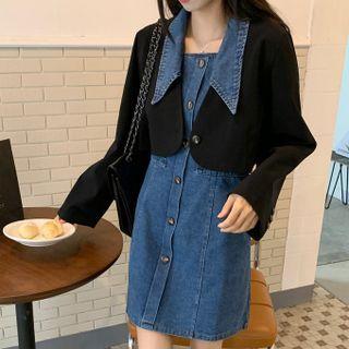 Denim Collar Cropped Blazer / Spaghetti Strap Mini Denim Dress