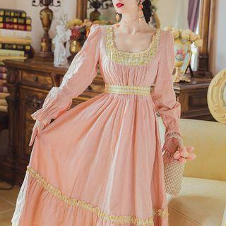 Long-sleeve Scoop-neck Frill Trim Midi A-line Dress