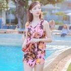 Set: Plain Bikini Top + Printed Swim Skort + Cover-up Top