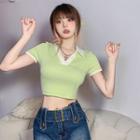 Short-sleeve Collar Embroidered Crop Top