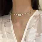 Rose Flower Butterfly Pearl Choker Necklace Gold - One Size