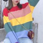 Round Neck Rainbow Stripe Sweater As Shown In Figure - One Size
