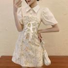Mock Two-piece Puff-sleeve Shirt Collar Lace-up Floral Mini Dress
