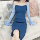 Long-sleeve Two-tone Mini Knit Sheath Dress