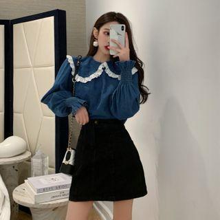 Lace Trim Collar Denim Blouse