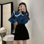 Lace Trim Collar Denim Blouse