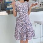 Lace Collar Short-sleeve Floral Print Pleated Dress