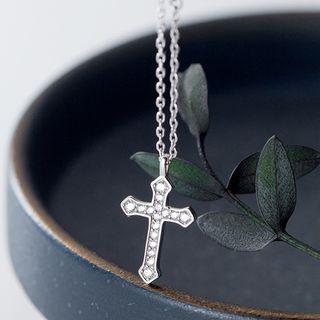 925 Sterling Silver Rhinestone Cross Necklace Necklace - One Size