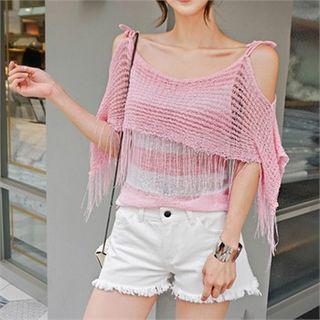 Cutaway-shoulder Fringed-trim Knit Top