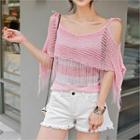 Cutaway-shoulder Fringed-trim Knit Top