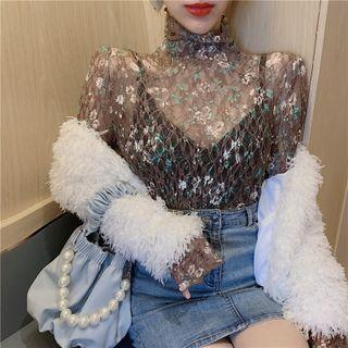 Mock-neck Floral Print Lace Top