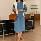 Set: Elbow-sleeve Denim Midi Shirtdress + Shawl Blue Shirtdress & Shawl - Almond - One Size
