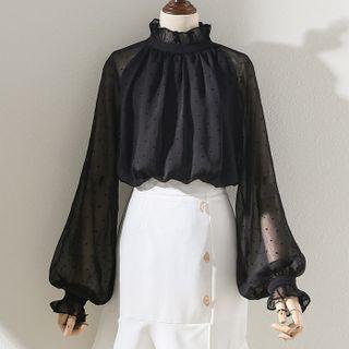 Lantern-sleeve Stand-collar Polka Dot Shirt