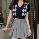Short-sleeve Button-up Argyle Knit Crop Top / Pleated Mini A-line Skirt