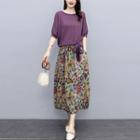Set: Short-sleeve Blouse + Floral Print Midi Skirt