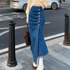 Shirred Midi Denim Pencil Skirt