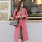 Notch-lapel Deep-slit Wool Blend Coat With Sash Pink - One Size