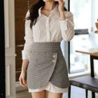 Set: Long-sleeve Mini Shirt Dress + Gingham Mini Skirt
