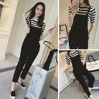 Striped Elbow-sleeve T-shirt / Cropped Jumper Pants / Cropped Straight-fit Pants / Set