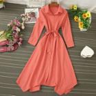 Plain Tie-waist Midi A-line Shirtdress