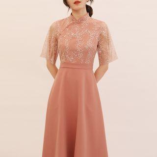 Short-sleeve Floral Mesh Panel Midi Qipao Dress