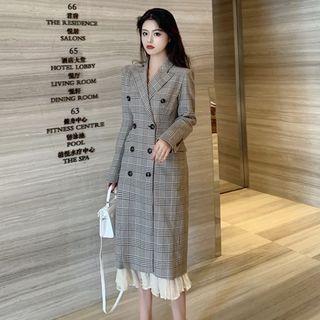 Plaid Double-breasted Midi Blazer / Lace Sleeveless Midi Dress