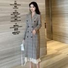 Plaid Double-breasted Midi Blazer / Lace Sleeveless Midi Dress