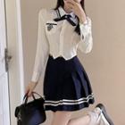 Cropped Shirt With Bowtie / Pleated Mini A-line Skirt / Set
