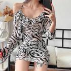 Long-sleeve Cold-shoulder Zebra Print Slim-fit Dress