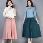 Set: Long-sleeve Floral Embroidered Hanfu Top + Midi A-line Skirt