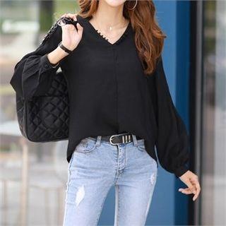 Frill-collar Pleated-sleeve Peasant Blouse Black - One Size