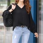 Frill-collar Pleated-sleeve Peasant Blouse Black - One Size