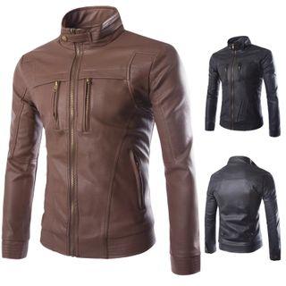 Faux Leather Stand Collar Jacket